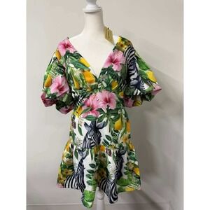 Denimland Medium Tropical Zebra Floral Puff Sleeve Mini Dress V-Neck Multicolor